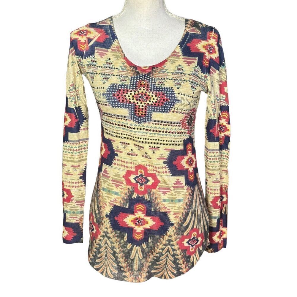 Vocal Top Size Small Red Blue Aztec Rodeo Western Studded Embellished Santa Fe